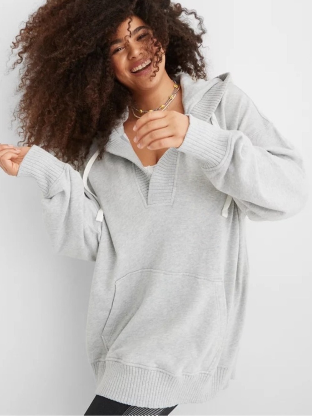 Aerie V-Neck Ribbed Trim Oversized Tunic Hoodie Sweatshirt Medium